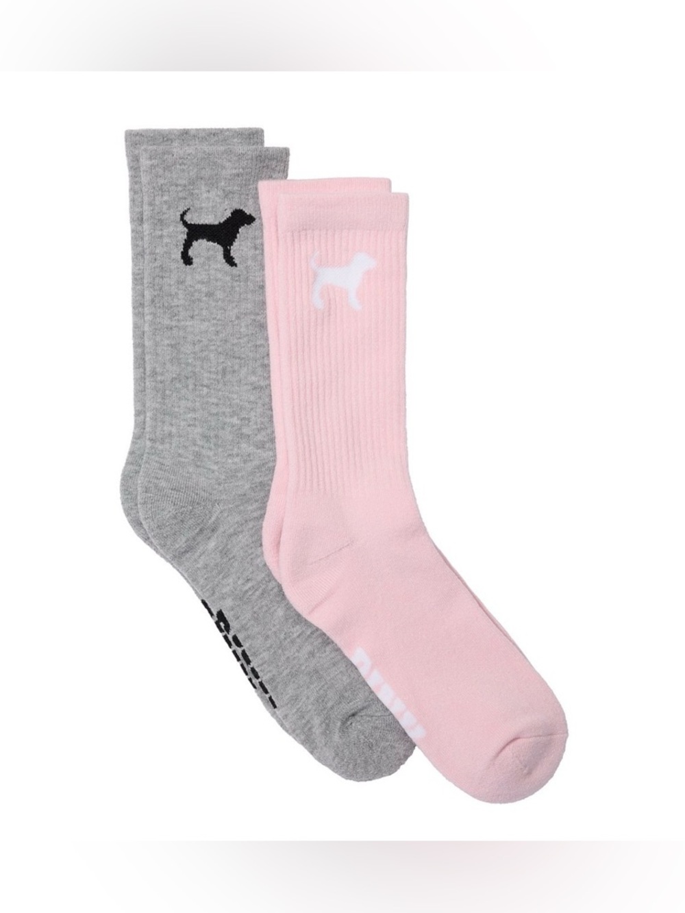 PINK Victoria's Secret Pink & Gray Dog Logo 2-Pack Crew Socks - New